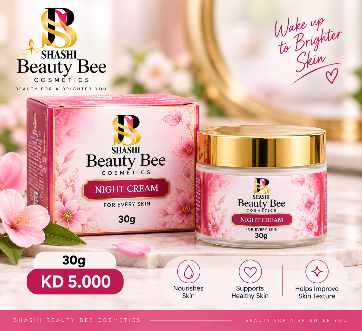 Illustrative promotional mockup — Beauty Bee Night Cream 30g, KD 5.000