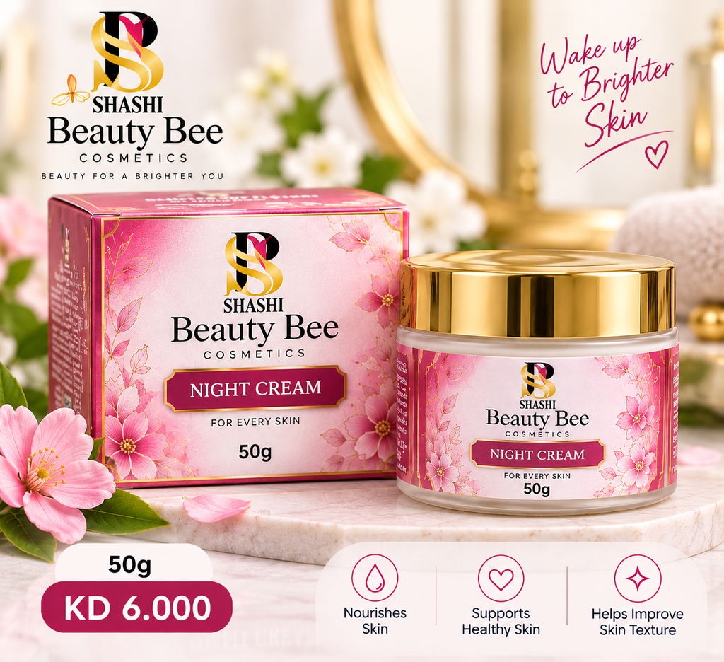Illustrative promotional mockup — Beauty Bee Night Cream 50g, KD 6.000