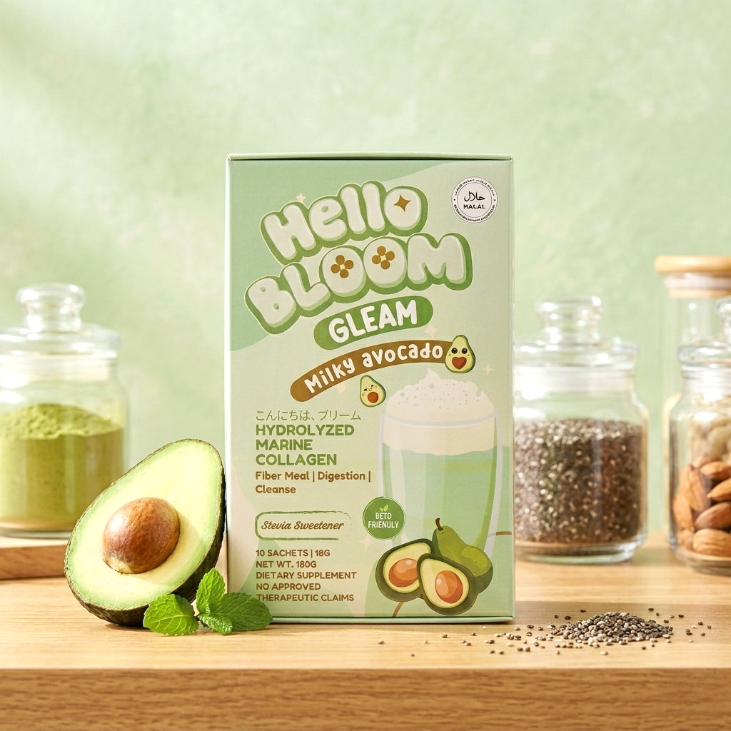 Hello Bloom Gleam Milky Avocado collagen supplement box